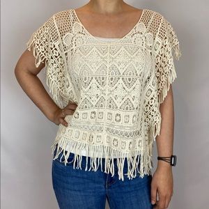 Cream Embroidered Top With Fringe Detail